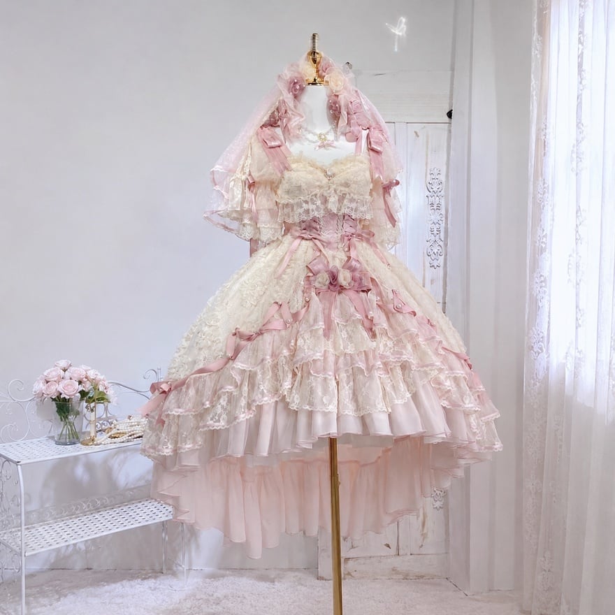 甘ロリ ドレスセット フィッシュテールフリル 薔薇リボン レース