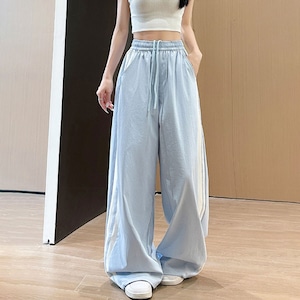 サイドライン ワイドパンツ レディース 韓国 春夏 Y2K ストリート ドローコード イージーパンツ トラックパンツ ストレート ハイウエスト 脚長 着痩せ 体型カバー ゆったり ルームウェア ダンス 部屋着 カジュアル [LS-CGP031]