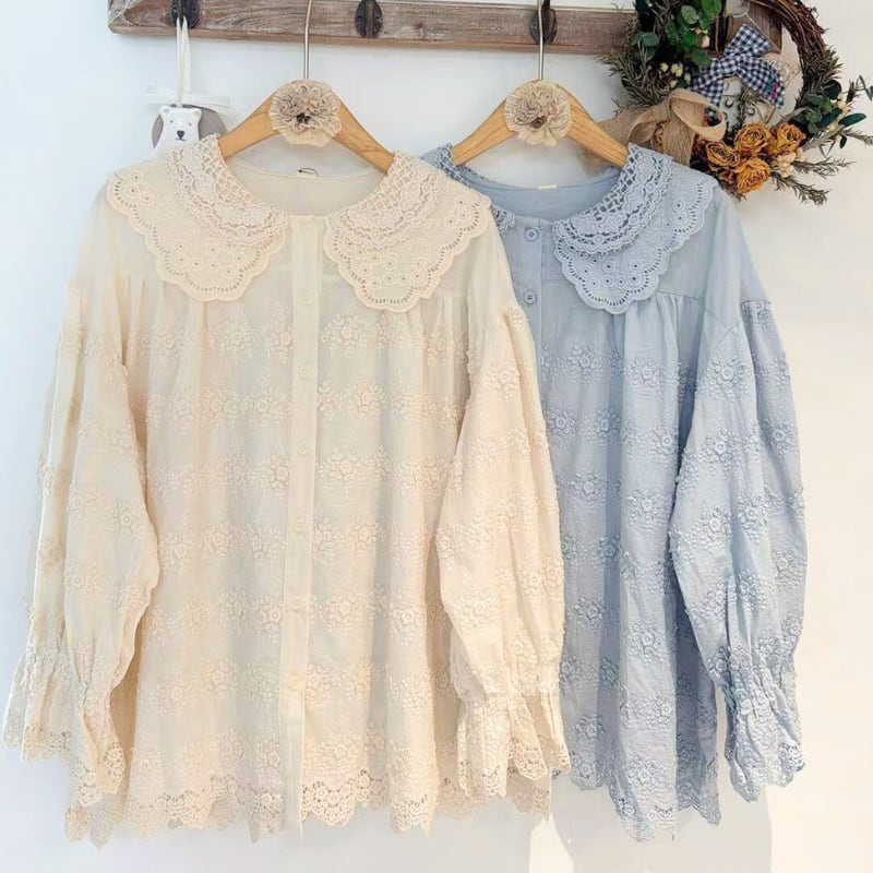 サークルカットワーク2重レース襟お花総刺繍ブラウス W1977