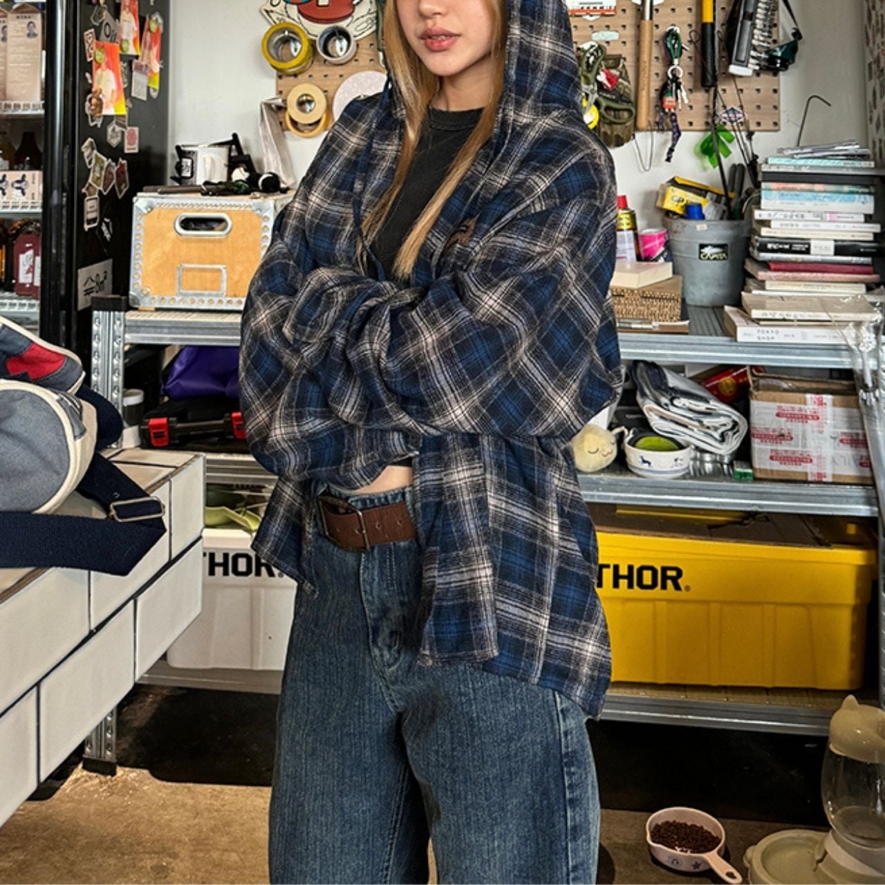 ストリートライクチェックパターンフードシャツ R00712