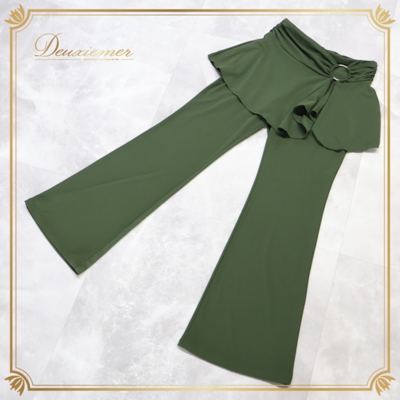 社交ダンス 衣装 ズボン グリーン系 チャコット Chacott 緑 日本製 ボトムス パンツ 上品 オーバースカート付き シンプル 落ち着いた色 ダンス衣装 レッスン 練習 ストレッチ 伸縮