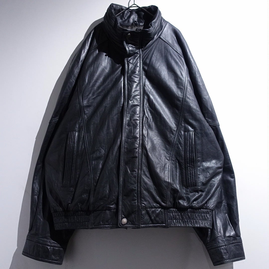 90s "MEMBERS ONLY" Black Leather Fly Front High-Neck Design Jacket