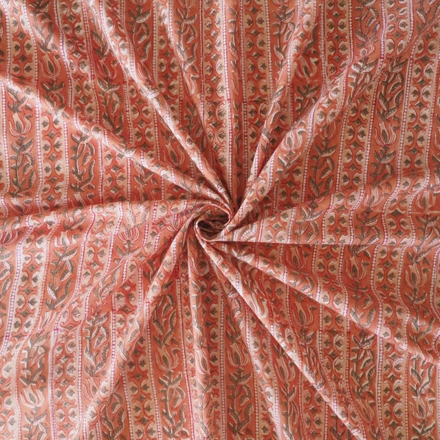 ブロックプリント生地【50cm単位】インド綿  ストライプ柄 くすみオレンジ×カーキ #41883-OR3