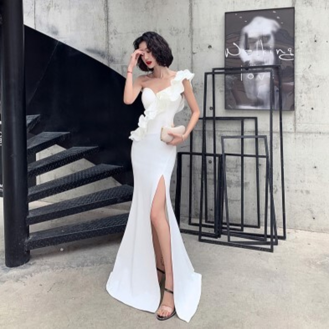 美品！ イブニングドレス ホワイト ロング スリット ワンショルダー  