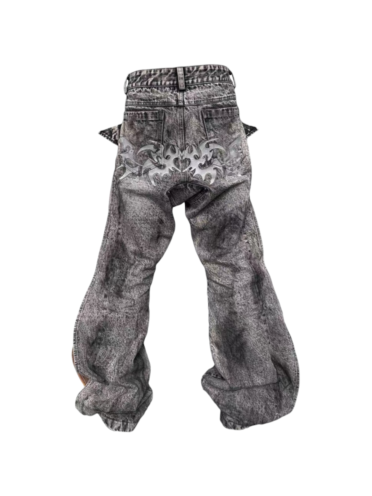 【SEXXDEVIL】Deconstructed Leather Panel Wash Wide Denim Pants