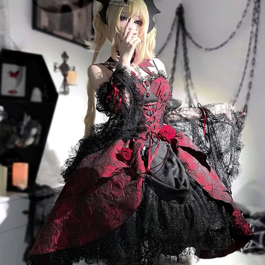 ロリータファッション 深紅の薔薇レースゴスロリロングワンピース