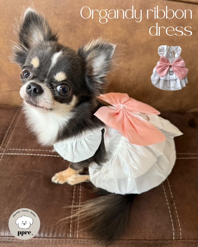 オーガンジー リボン ドレス 犬服 ドッグウエア キャミソール トップス ワンピース ノースリーブ 袖なし ドレス ハーネス ピンク フリル