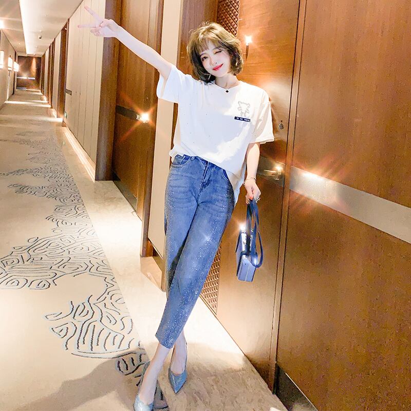 ラインストーンルーズTシャツ パンツ ウェスト薄手ジーンズ スプリング 春物 サマー 夏物 MIUCO1200342325