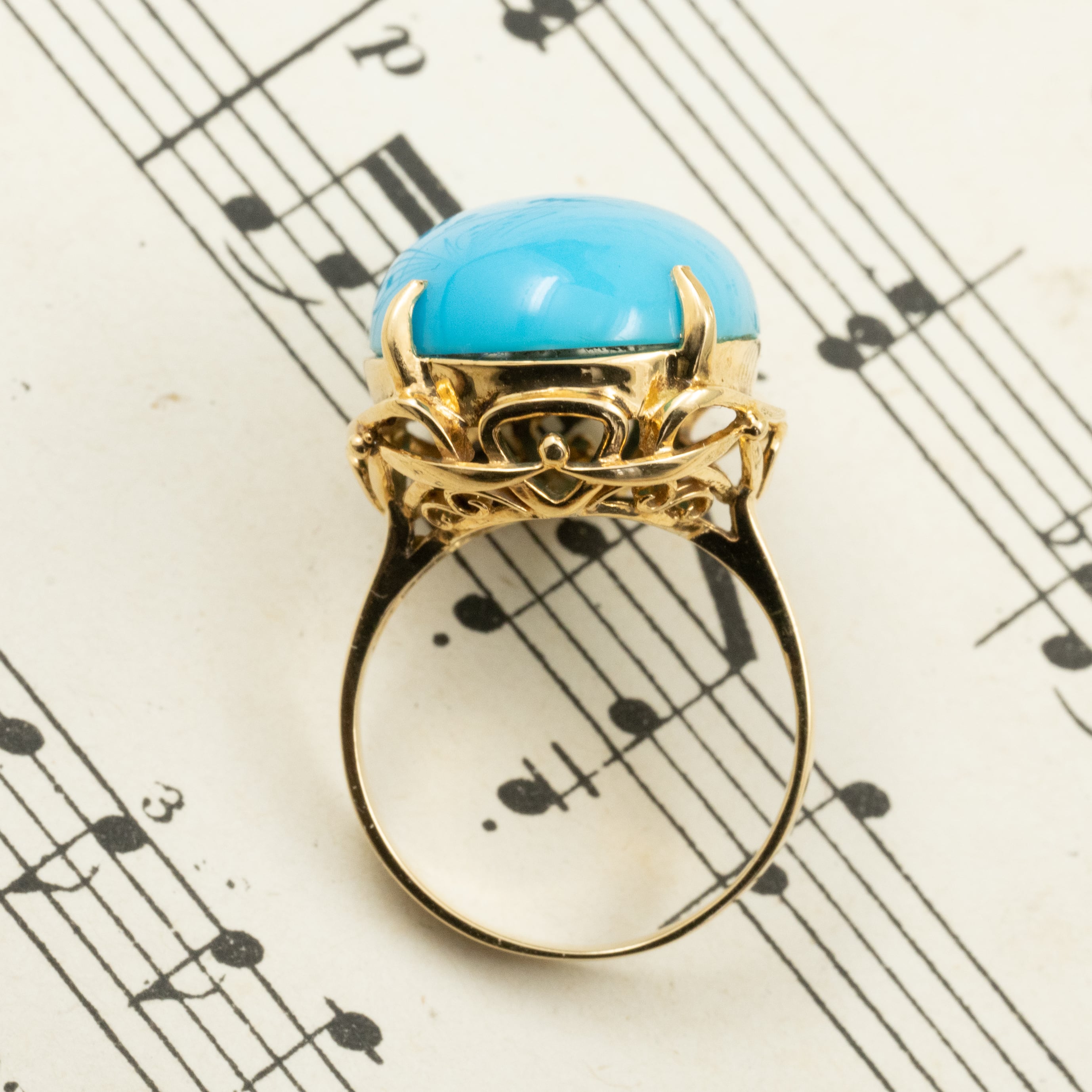 日本の作品】K18 昭和レトロ ターコイズ リング ～青空の下、明るい