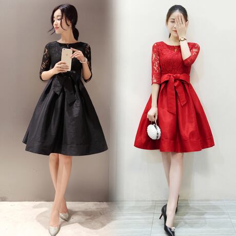 ドレス Aラインドレス イブニングドレス 膝丈 ひざ丈 袖あり 5分袖 五分袖 ラウンドネック Aライン レース ウエストリボン ハイウエスト 大人可愛い きれいめ シンプル ナチュラル 大人 上品 ラブリー キュート 無地 20代 レディース 女性用 パーティー イベント ホテル ファッション コーデ スタイル 春 二次会 2次会 お呼ばれ パーティー パーティ サイズ S M L XL 2XL 3XL 黒 ブラック 赤 レッド
