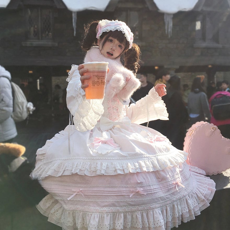 ロリィタ メイド服 ジャンパースカート レースアップ フリル リボン 夢