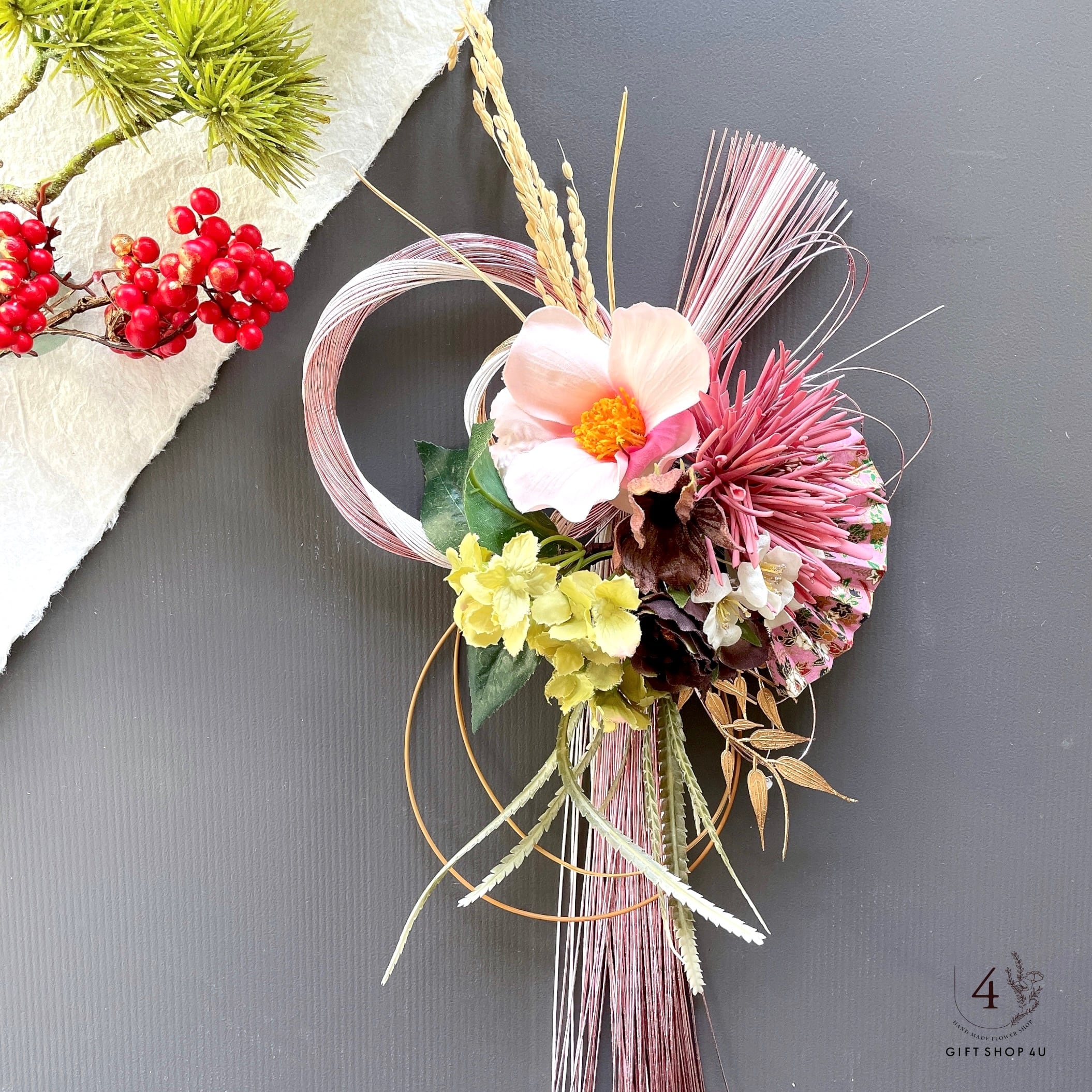 お正月】お正月お飾り 高さ50cm ピンク＆ホワイト お正月飾り