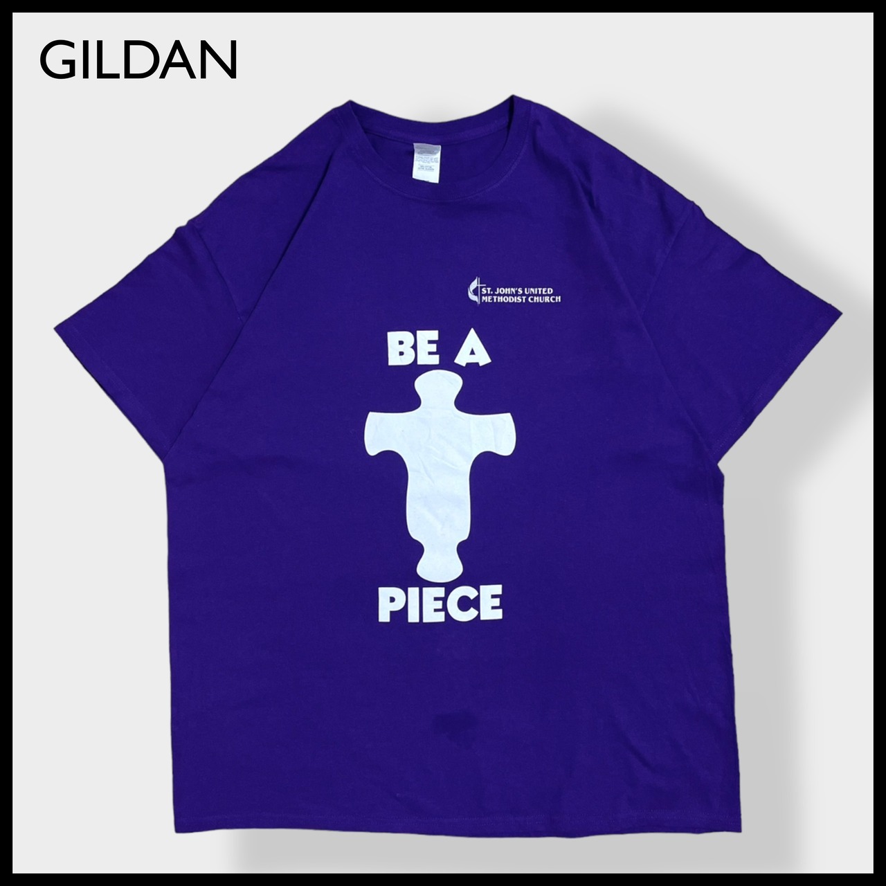 【GILDAN】ユナイテッド・メソジスト教会  プリント Tシャツ バックプリント 十字架 クロス パズル 半袖 X-LARGE ビッグサイズ ハイチ製 パープル US古着