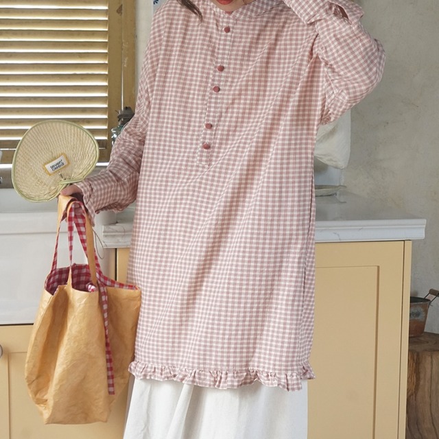 チェックフリルワイドシャツ　T0373