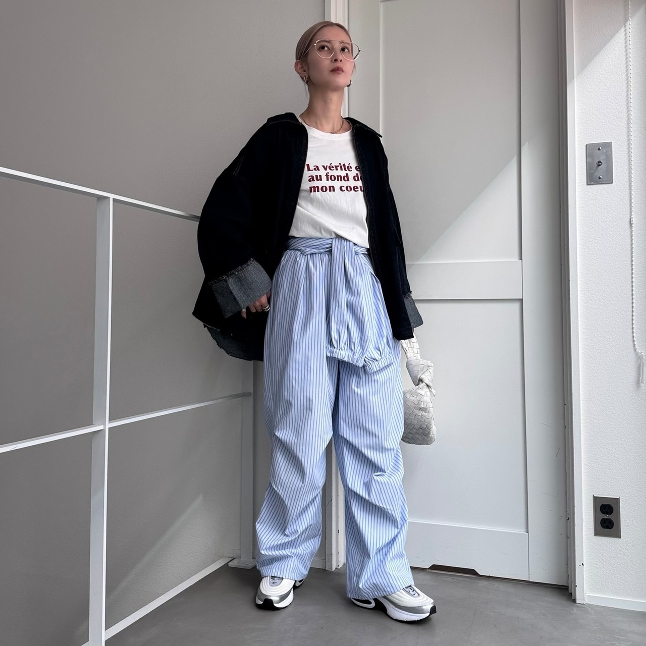 ウエスト巻きデザインストライプPT/ブルー