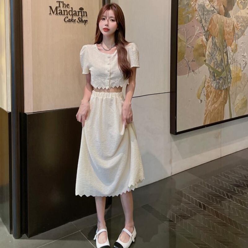 スタイルラウンドネックショートシャツ ハイウェストウェストスカート Oネック ハンチェンe32542817158