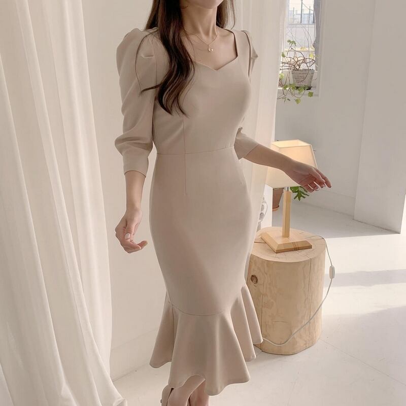 マーメイドライン 七分袖 ワンピース 全2色 D0519 Alluredress