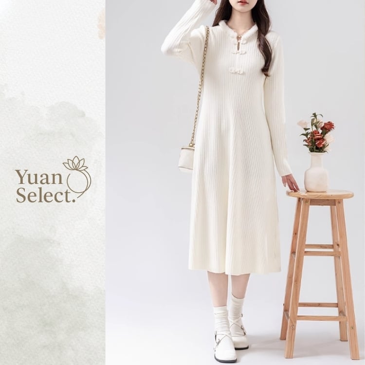 チャイナボタン×リブニット やわらかAラインワンピース 3カラー YS00213