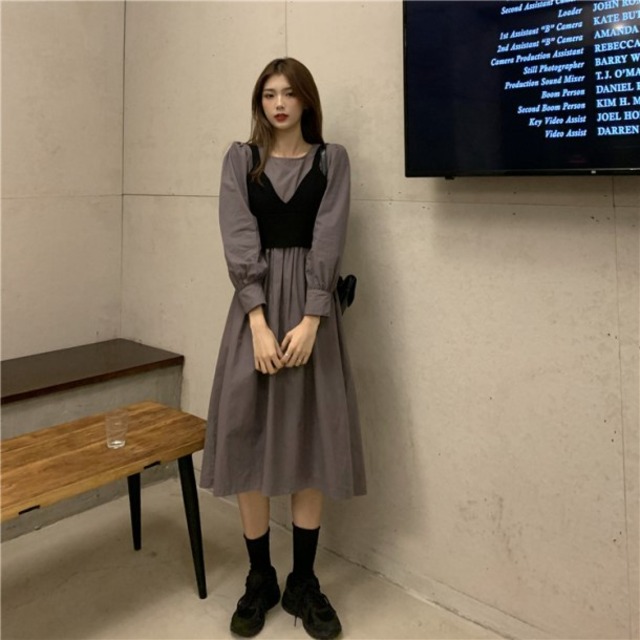 ワンピース セット 秋冬 レディース ロングワンピース セットアップ 韓国 ファッション レディース ビスチェ ワンピース ２ピースセット レイヤード レイヤード ワンピース ブラウン グレー ワンピ 冬服 レディース かわいい Vestito