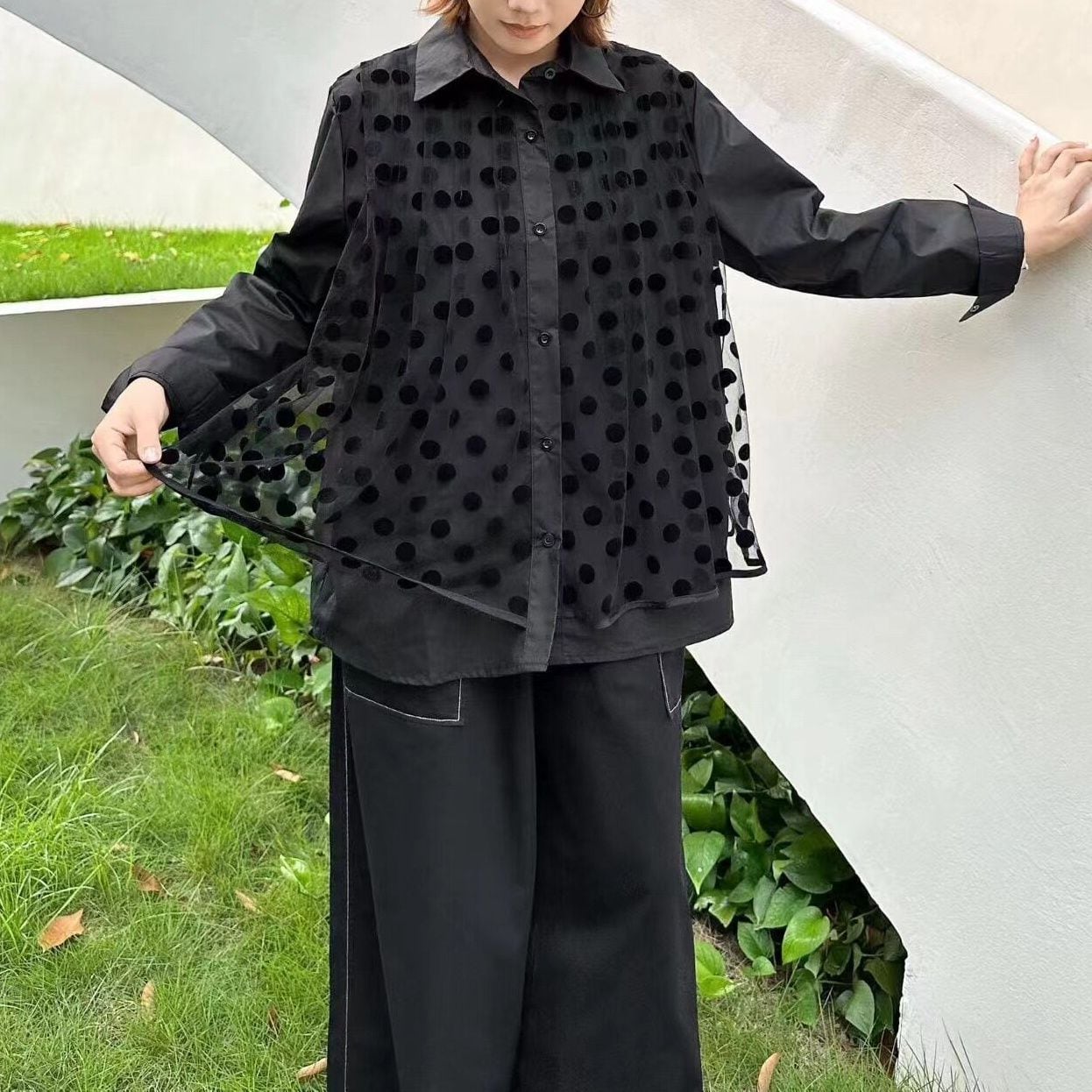 POLKA DOT MESH PANEL LONG SLEEVE SHIRT M-18623