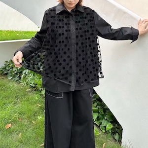 POLKA DOT MESH PANEL LONG SLEEVE SHIRT M-18623
