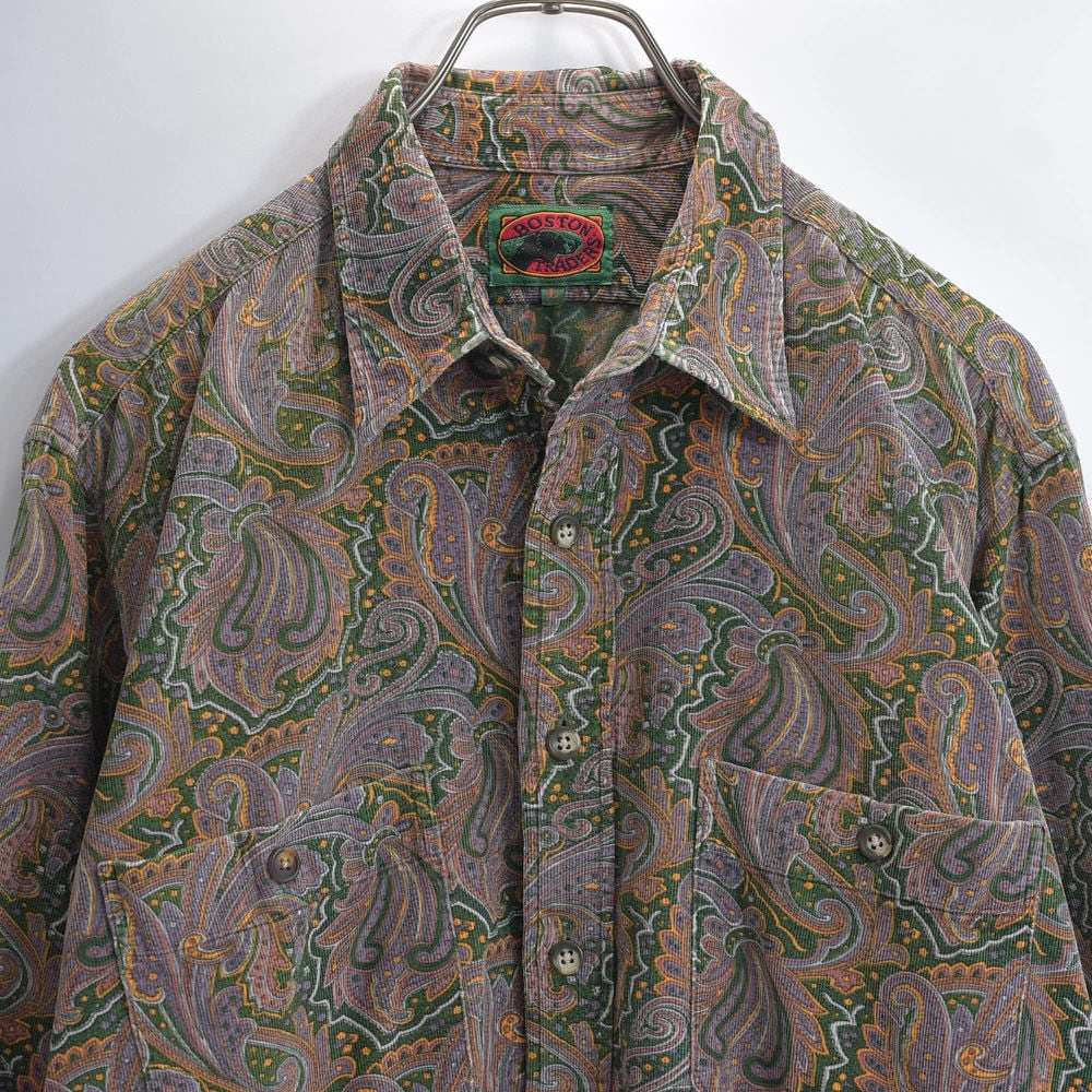 リサイズ 90s BOSTON TRADERS ボストントレーダーズ 細畝コーデュロイ ペイズリー柄 総柄 デザイン 長袖 シャツ ヴィンテージ ビンテージ USA アメリカ古着 メンズLサイズ