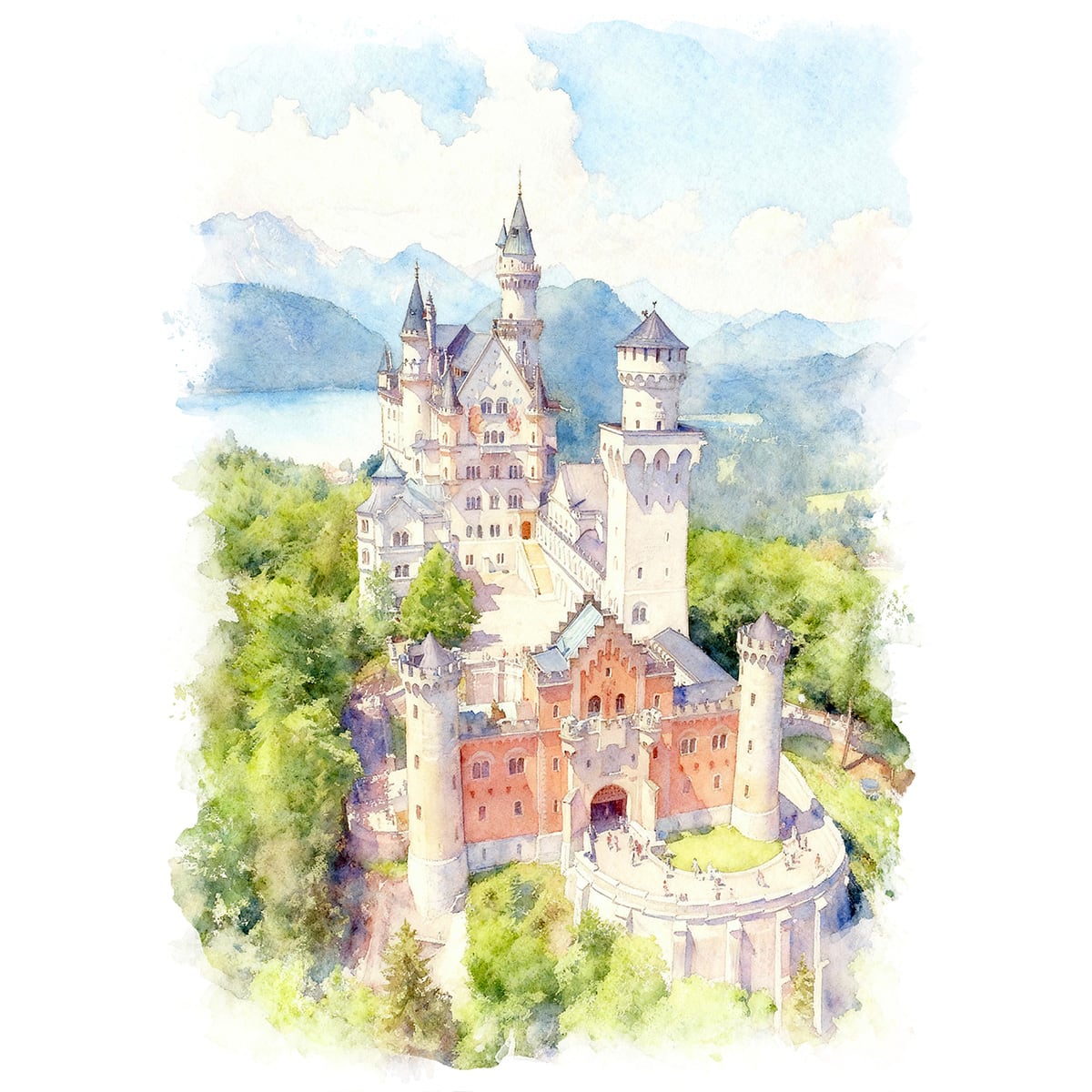 絵画(風景画) ドイツ ノイシュヴァンシュタイン城 インテリアアート額付き 水彩画・油絵風 WAT0821