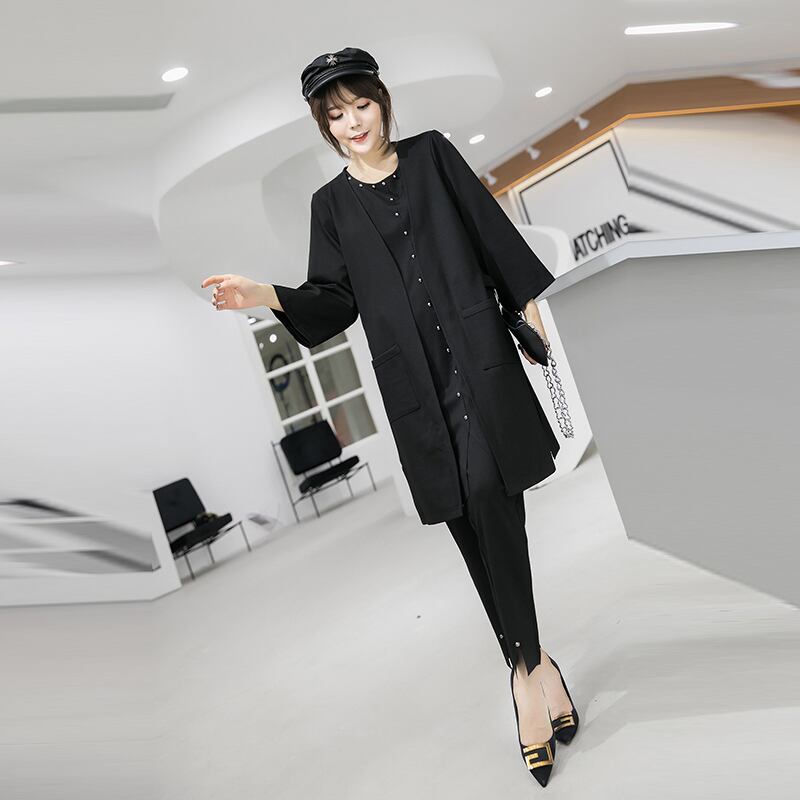 プラスサイズのレディース秋ニュースタイルファットシスターは薄手のミドル丈コートウエスタンスタイルのスリーピーススーツレディースパンツ流行 ミックスインファッション67950113780