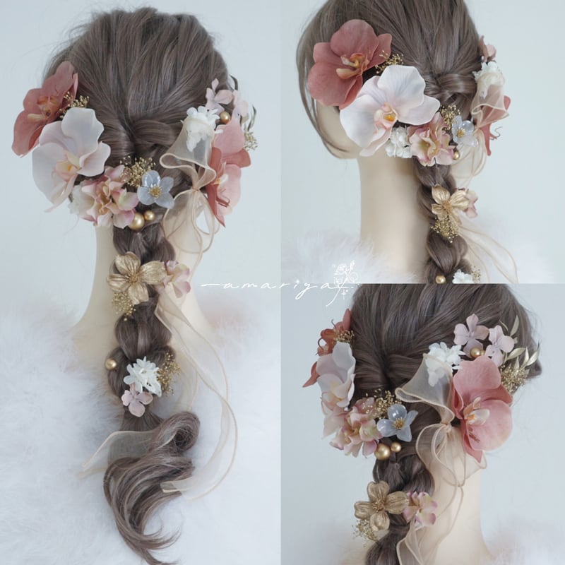 髪飾り 胡蝶蘭 ベージュピンクとピーチ