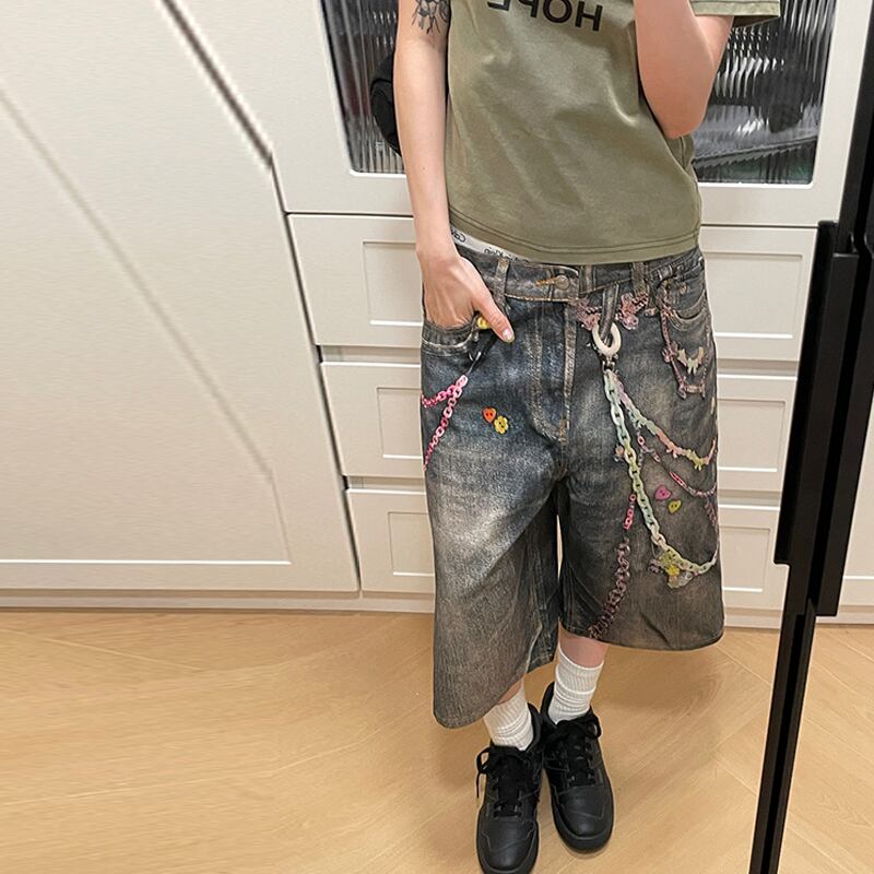 MMBBTウォレットチェーン落書きクロップトデニムパンツ | mblueshop