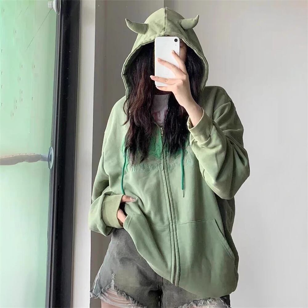 女性用y2k悪魔刺繍パーカー、カジュアル、レトロ、ルーズ、長袖 女性用y2k悪魔刺繍パーカー、カジュアル、レトロ、ルーズ、長袖