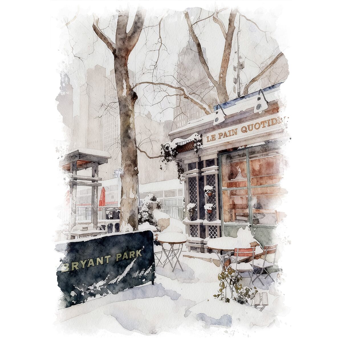 絵画 風景画(街並み) アメリカ ニューヨーク 雪のブライアント・パーク インテリアアート額付き 水彩画・油絵風 WAT0996