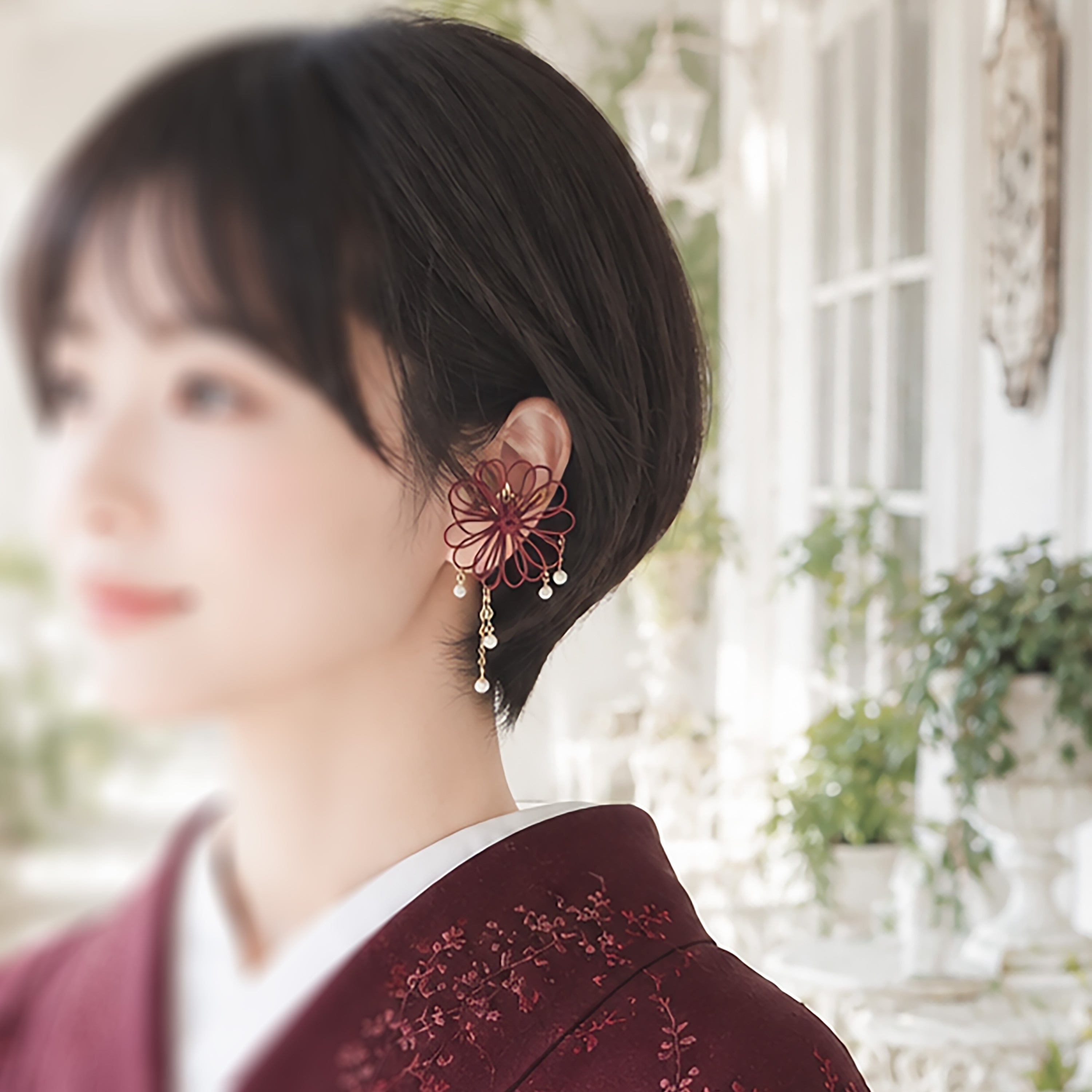 飾り結びかたっぽイヤーカフ「善ク清ク」【軽量】+グラスパールで浴衣・着物・洋服に。
