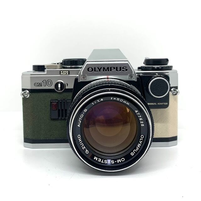 21-118　リメイクカメラ　OLYMPUS OM-10(モスグリーン・ベージュ）フィルムカメラ