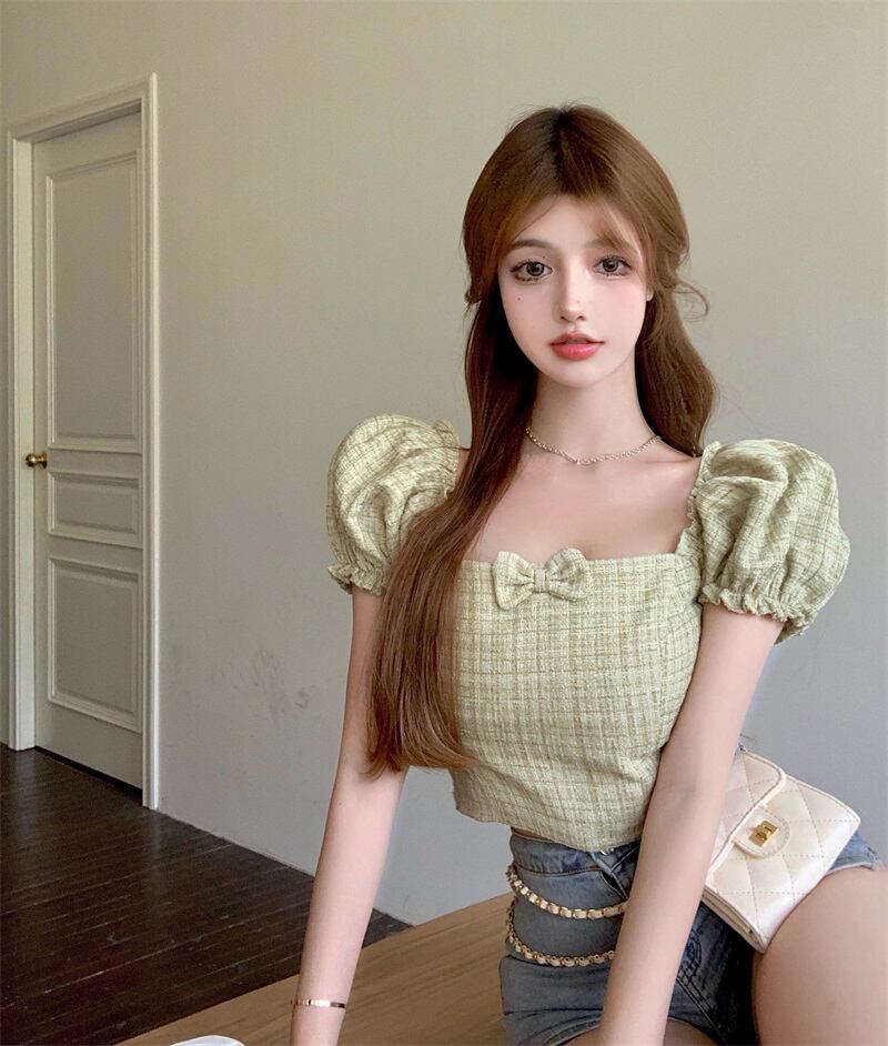 シャツ リボンスリーブショートサマースタンダードトップス レトロ 夏物 スクウェア ブラックストロベリース67762787284