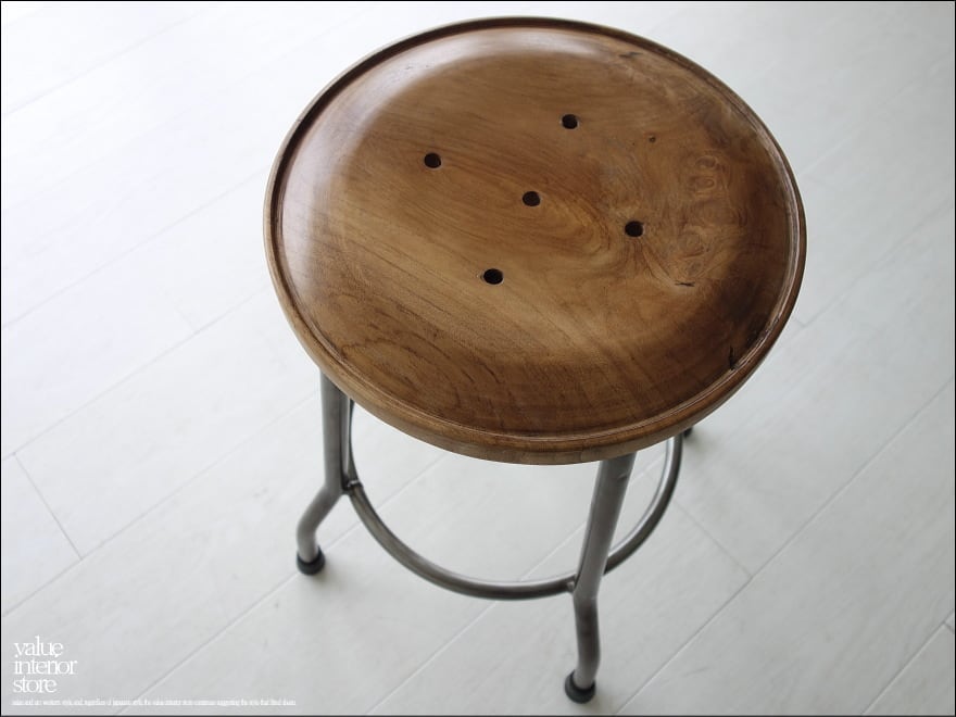 スツール／チーク材一枚板×スチール製脚／インダストリアル／ヴィンテージ風 チーク鉄脚スツールR イス 椅子 チェア 手作り カフェスツール 銘木