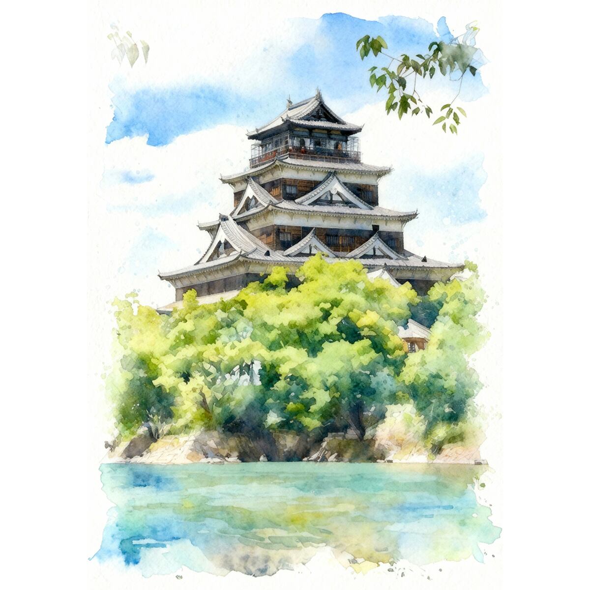 絵画 風景画 日本の城 広島県広島城 インテリアアート額付き 水彩画・油絵風 WAT1650