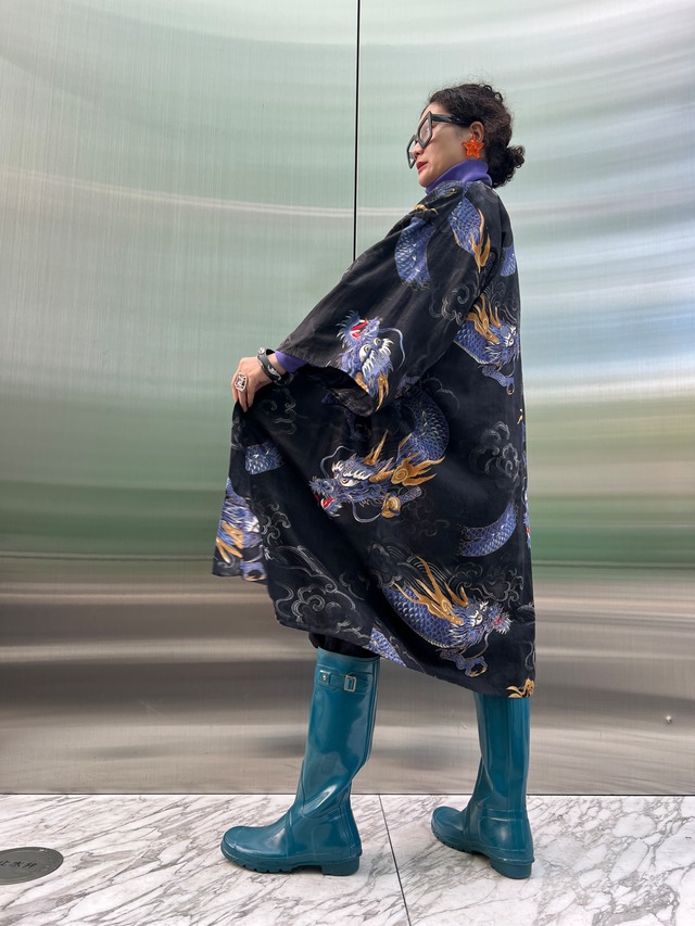 Vintage chinese black × dragon cotton gown
