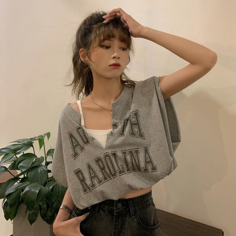 ツーピースグレーノースリーブTシャツ サマー薄手スタイルルーズショートトップス 夏物 1号婦人23300625350