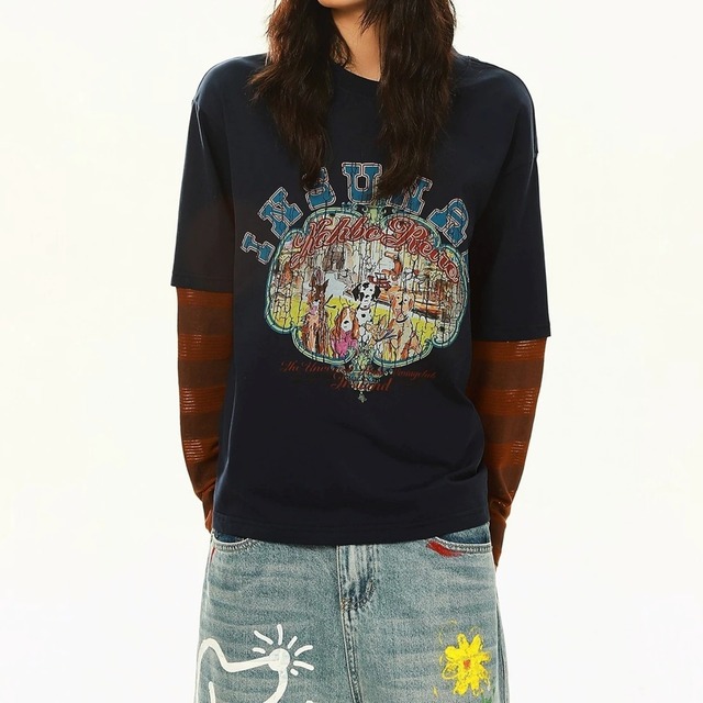 レトロアニマルプリントボーダースリーブドッキングTシャツ 2col   R02584