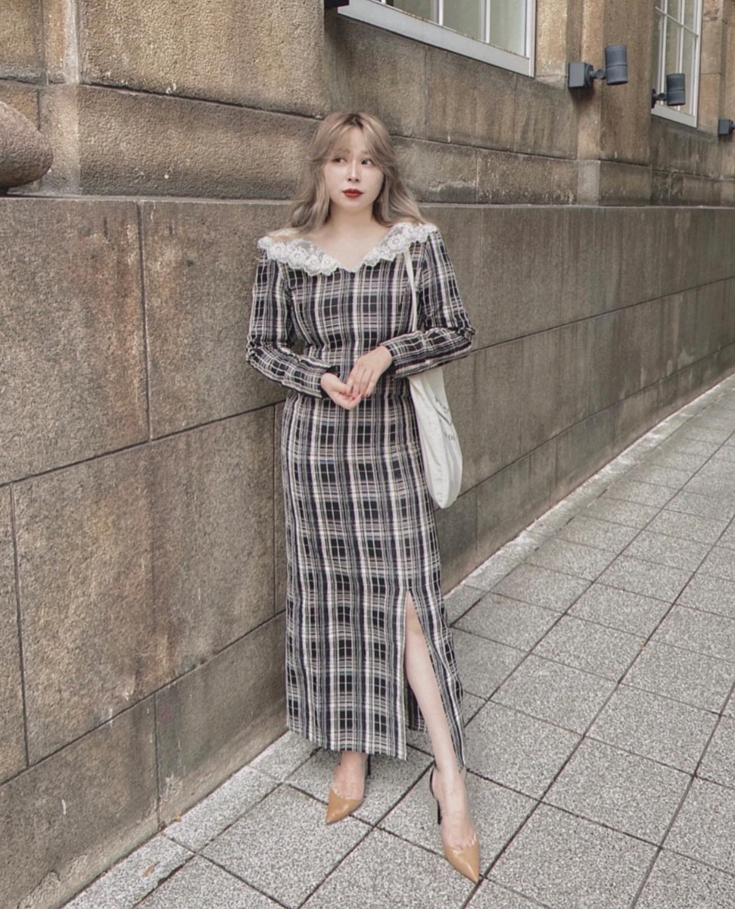 PUI   LACE CHECK DRESS  今期 ワンピースMサイズ