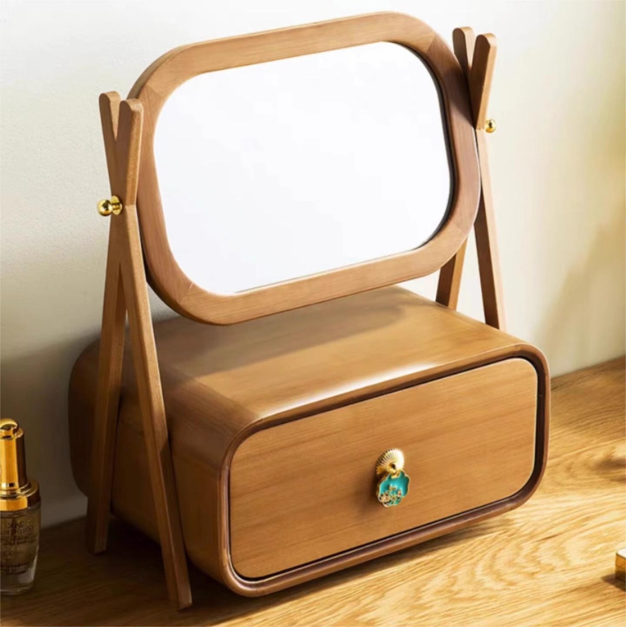 木のジュエリーボックス ジュエリーボックス 回転ミラー付き 収納ボックス 木製 ジュエリー収納 リング収納 ネックレス収納 引き出し 大容量 レトロ 北欧