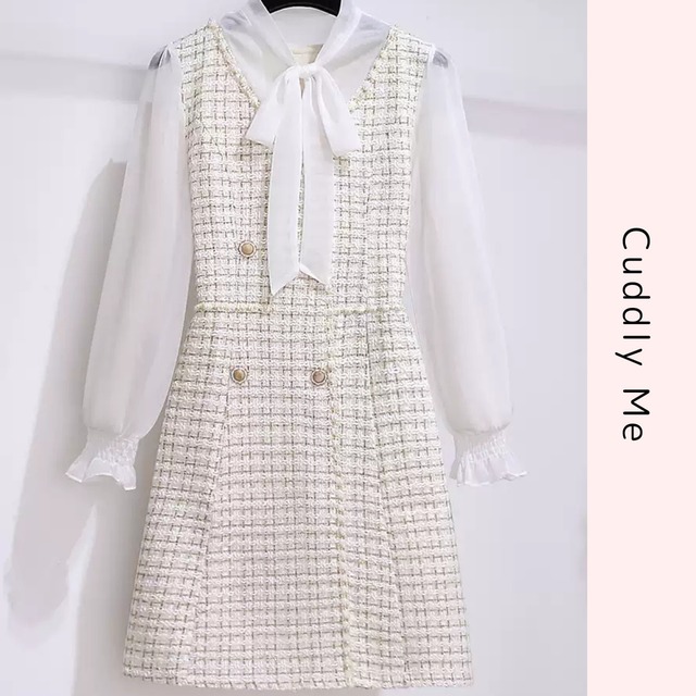 フリルブラウス ツイード ドッキング ワンピース セット