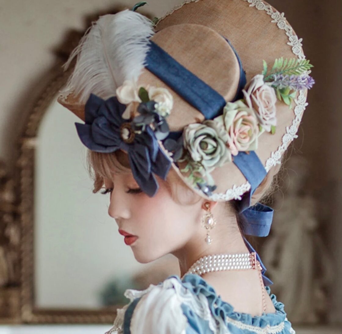 ハンドメイド・一点物【即納】♡ブルーカメオ付きおリボン ロココの 