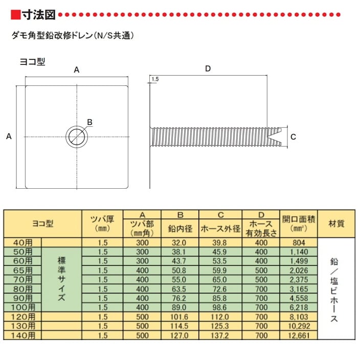 改修ドレンS 山装 砂付 ヨコ用40から60用 ホース 1m ダモ 角型 鉛