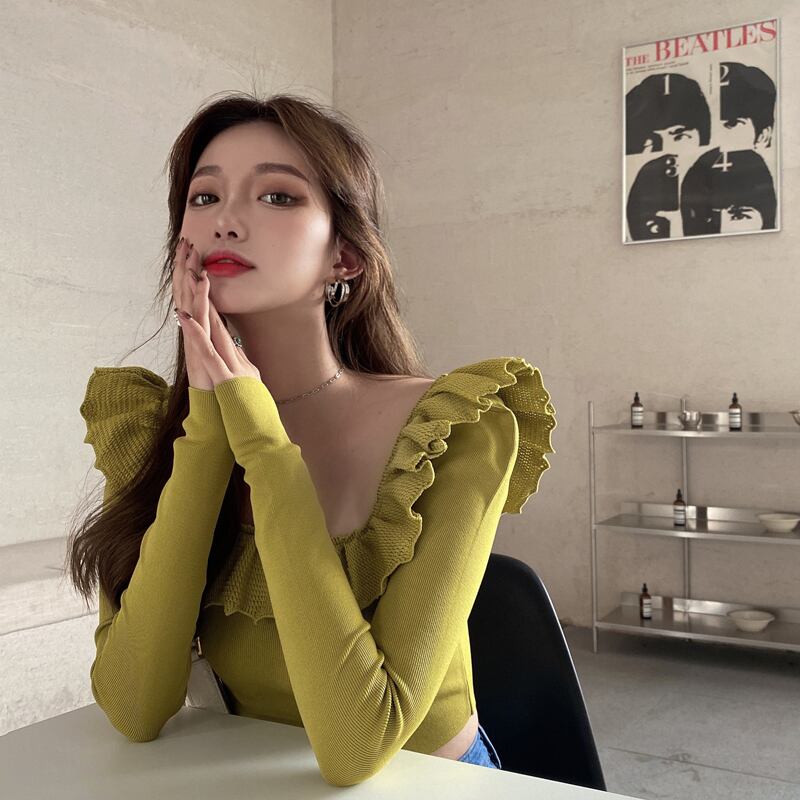 鎖骨長袖セーターレディース2020年秋新作スリムボトミングシャツショートクロップドニットトップ ドラファッションホール22475522450