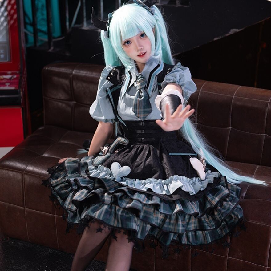 ゴスロリ セットアップ チェック柄×星屑装飾 アイドル風 サイバー