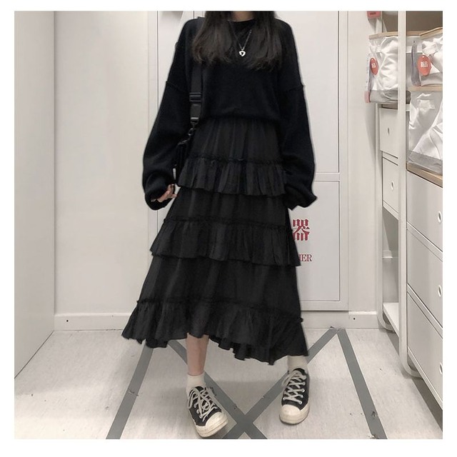 ゴスロリ通販 With U ヘムスカート フリルシフォン ギャザー ミモレ丈 かわいい ストリート 3段 ゴスロリ服 病み服