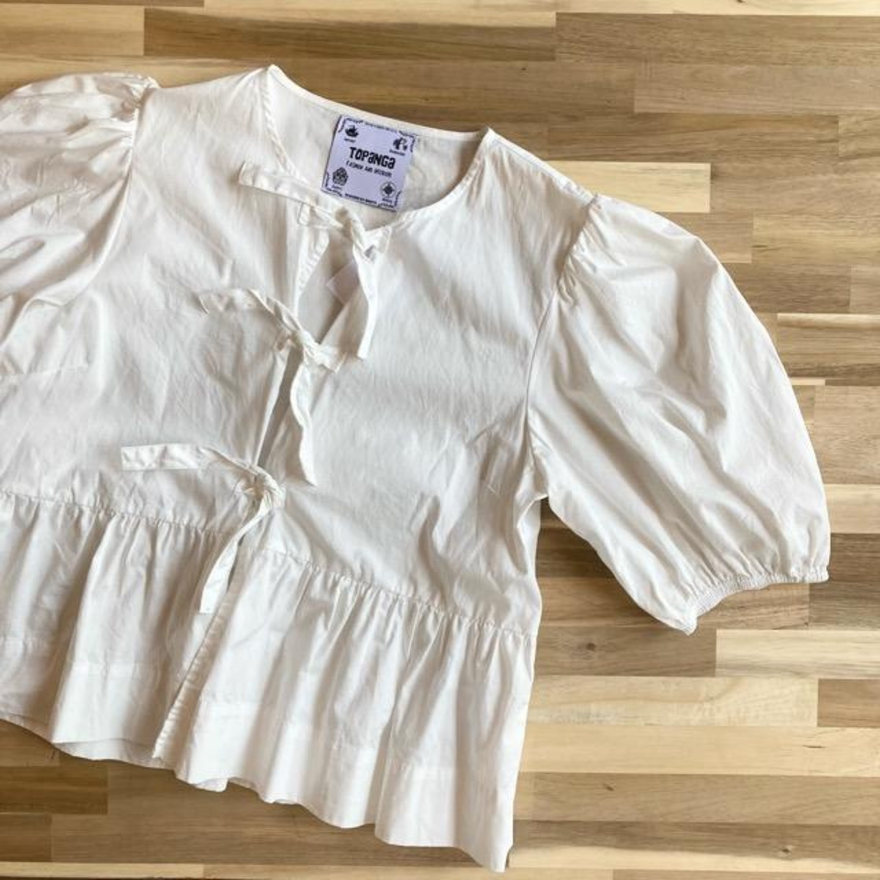 TOPANGA Lady's　リボン＆パフスリーブシャツカーディガン　ホワイト
