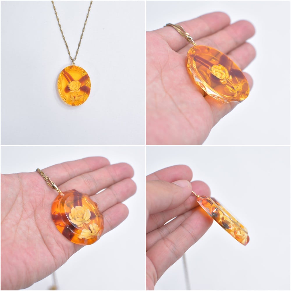 Vintage ヴィンテージ 琥珀調 フラワー デザイン ペンダント